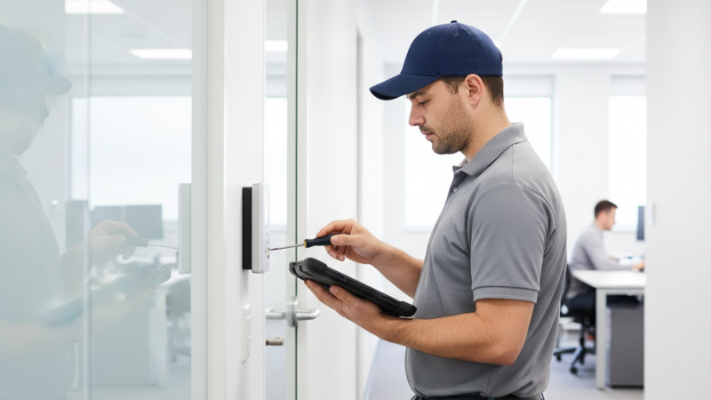 DSC technician fixing an access control component