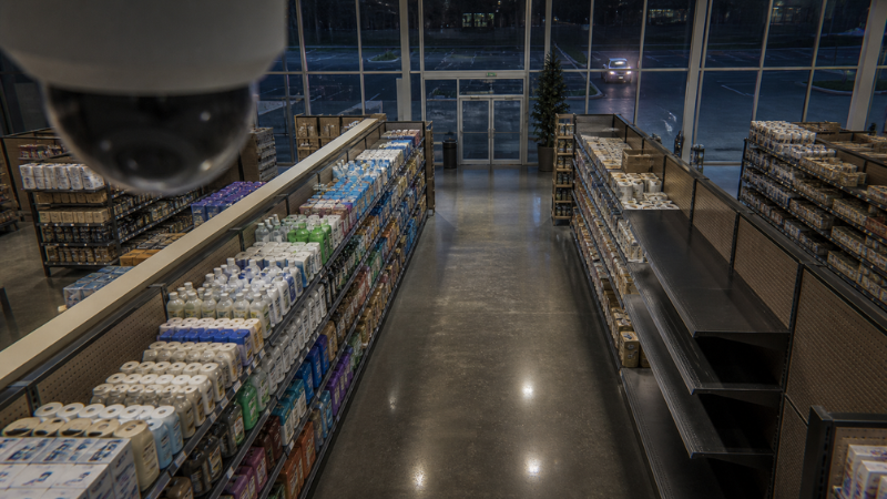 dome camera monitoring a texas retail store after closing at night