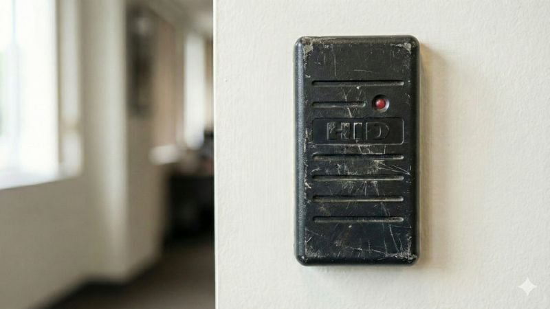worn out HID card reader mounted on a wall
