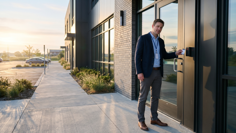 man at work having trouble badging into the front door of office building