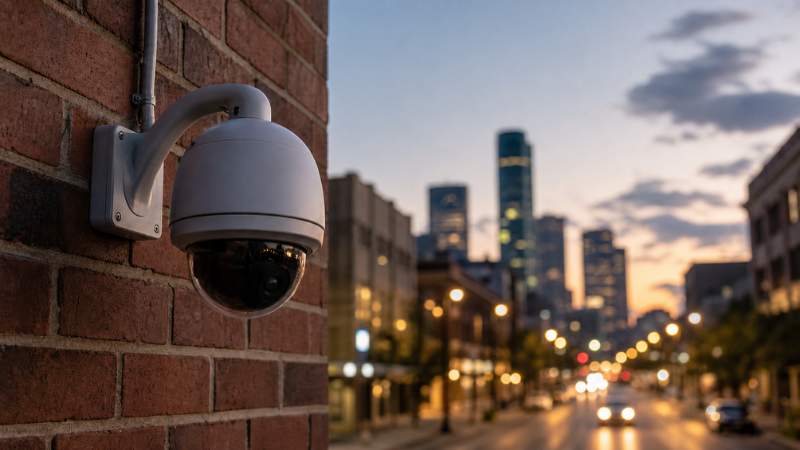 outdoor dome camera monitoring houston street at dusk