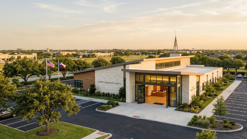 modern church facility in a houston area suburban area from above at dusk