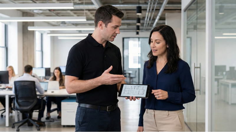 professional security consultation with small business owner