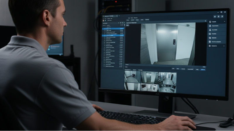 security officer monitoring doors through integrated video surveillance