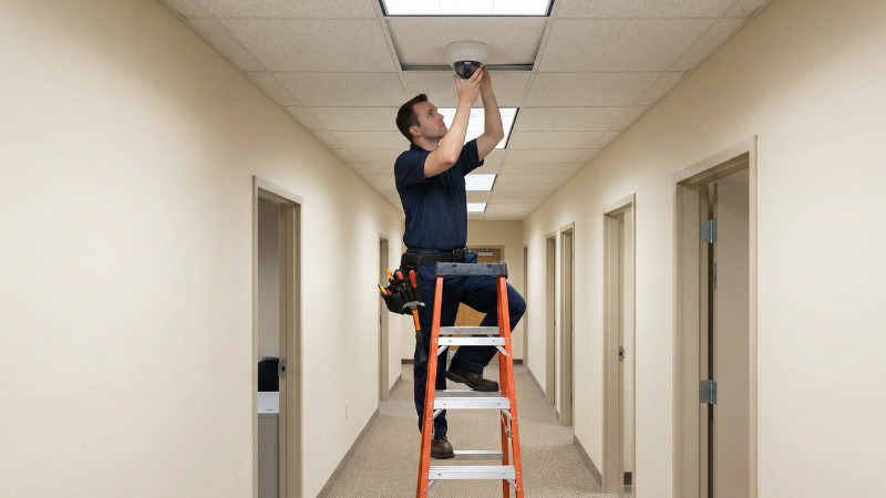 security technician installing camera