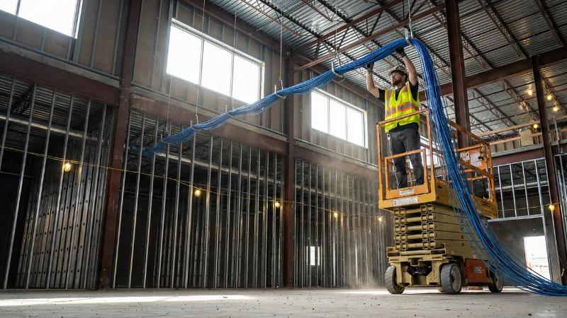 structured cabling technician on lift