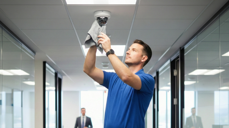 technician cleaning security camera