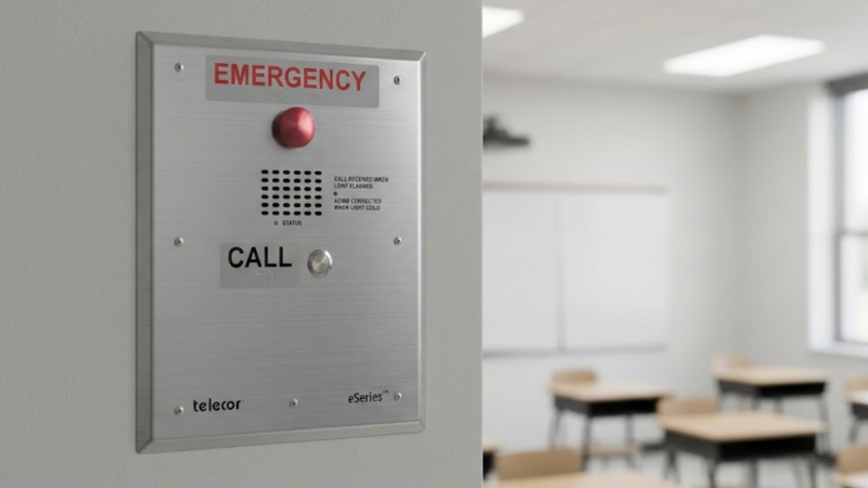telecor call station mounted on classroom wall