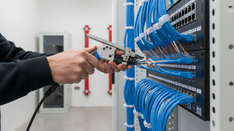 terminating CAT 6 cable for security project at patch panel