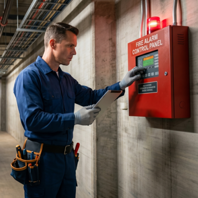serious technician at fire panel